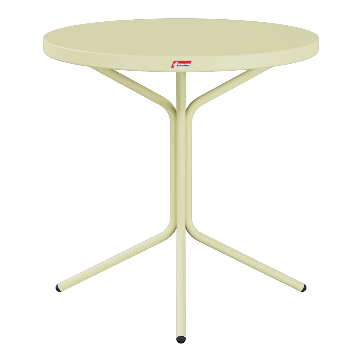 Runder Bistrotisch in Creme mit dreibeinigem Metallgestell, modernes Design für Balkon und Garten.