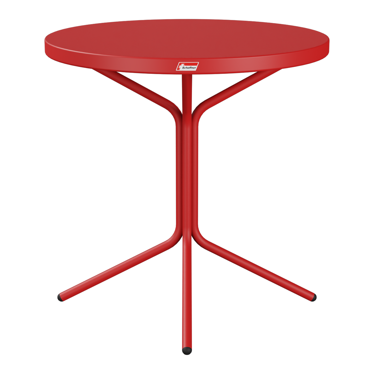 Roter Bistro-Stehtisch mit runder Tischplatte und dreibeinigem Metallgestell - kompakter Gartentisch.