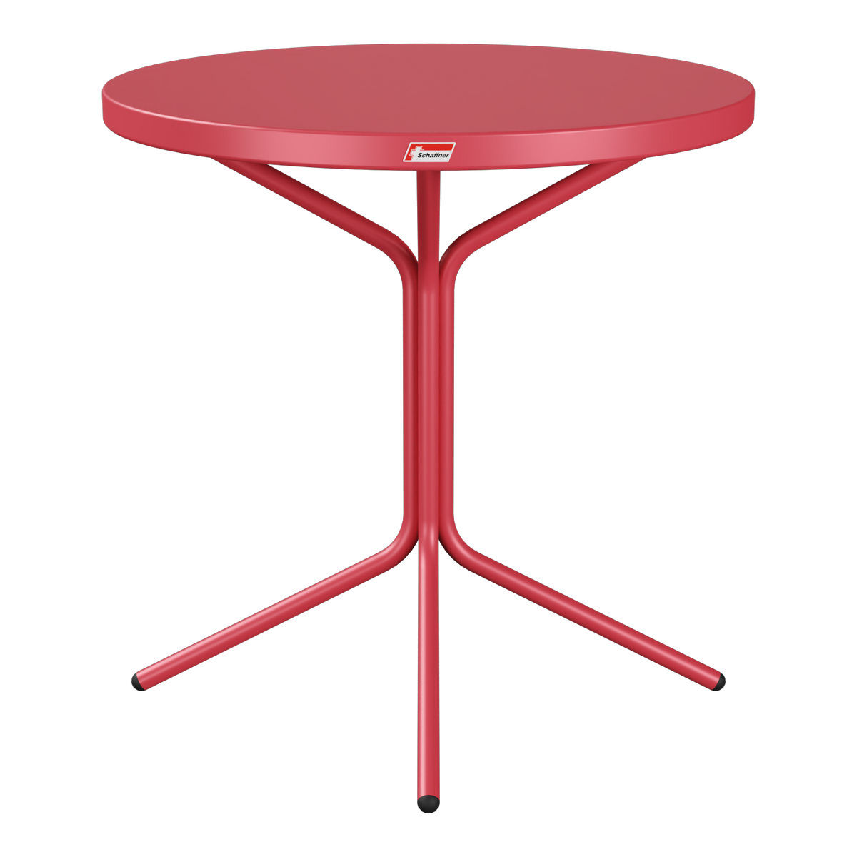 Roter Bistro-Stehtisch mit runder Tischplatte und dreibeinigem Metallgestell für Balkon und Garten.