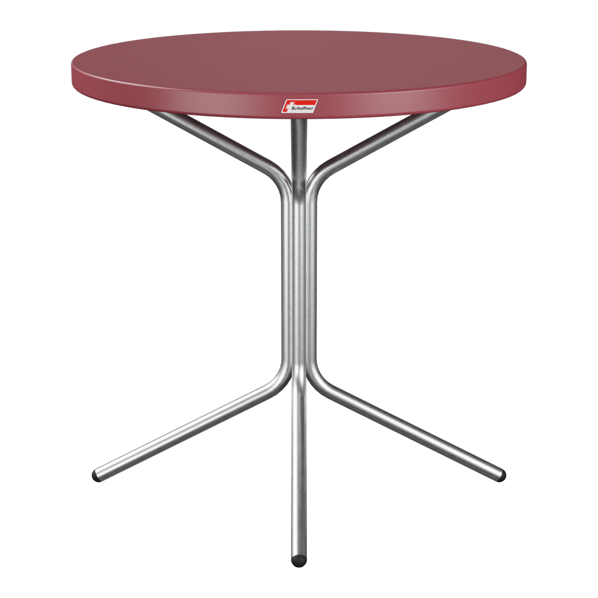 Klappbarer Bistro-Tisch mit burgundfarbener Tischplatte und Metallgestell, ideal für Balkon und Garten.