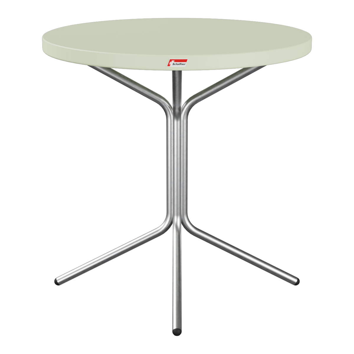 Cocktailtisch mit grüner Tischplatte und Chromgestell, modernes Design für Garten und Terrasse.