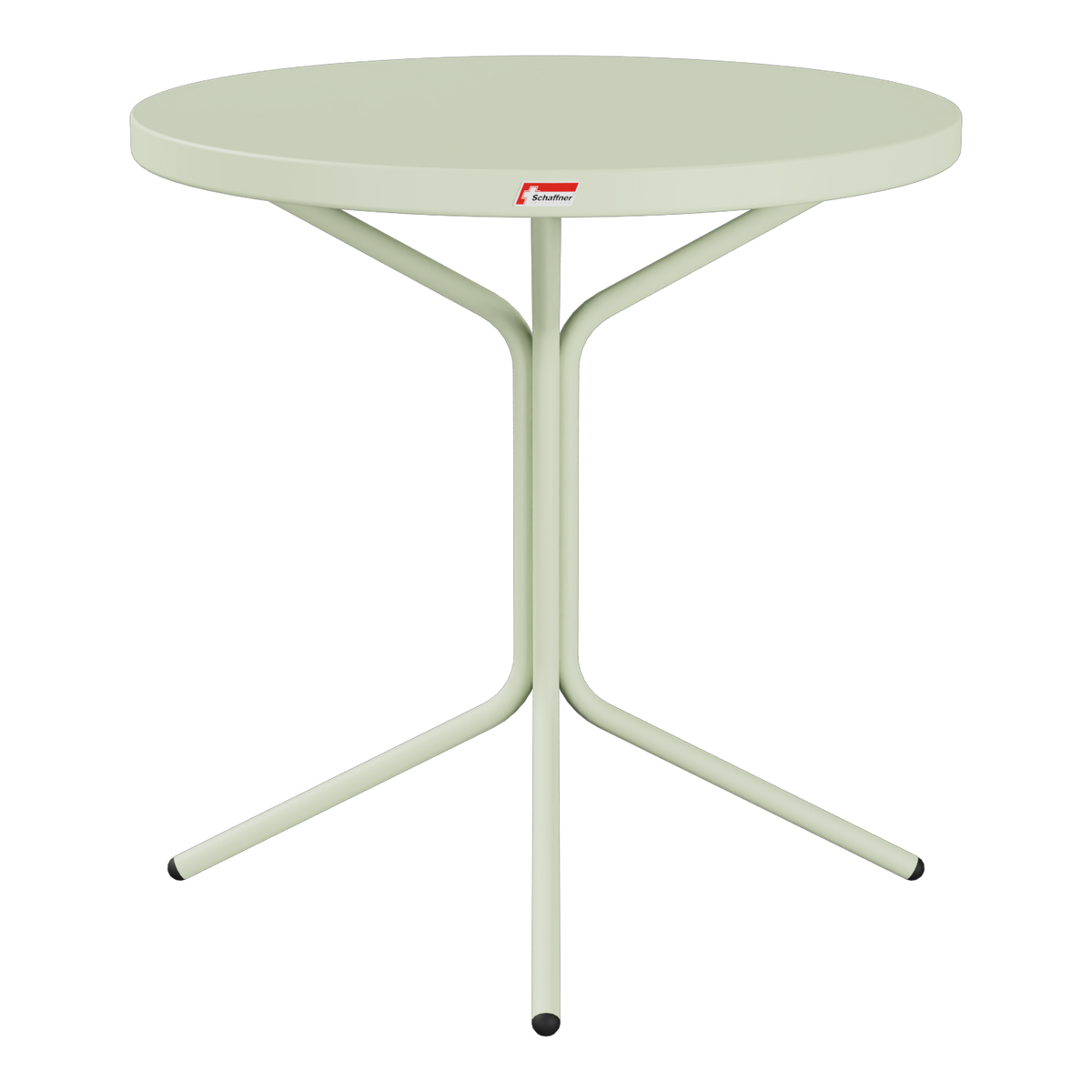 Runder Bistrotisch in Creme mit Dreibein-Gestell, modernes Design für Balkon und Garten.