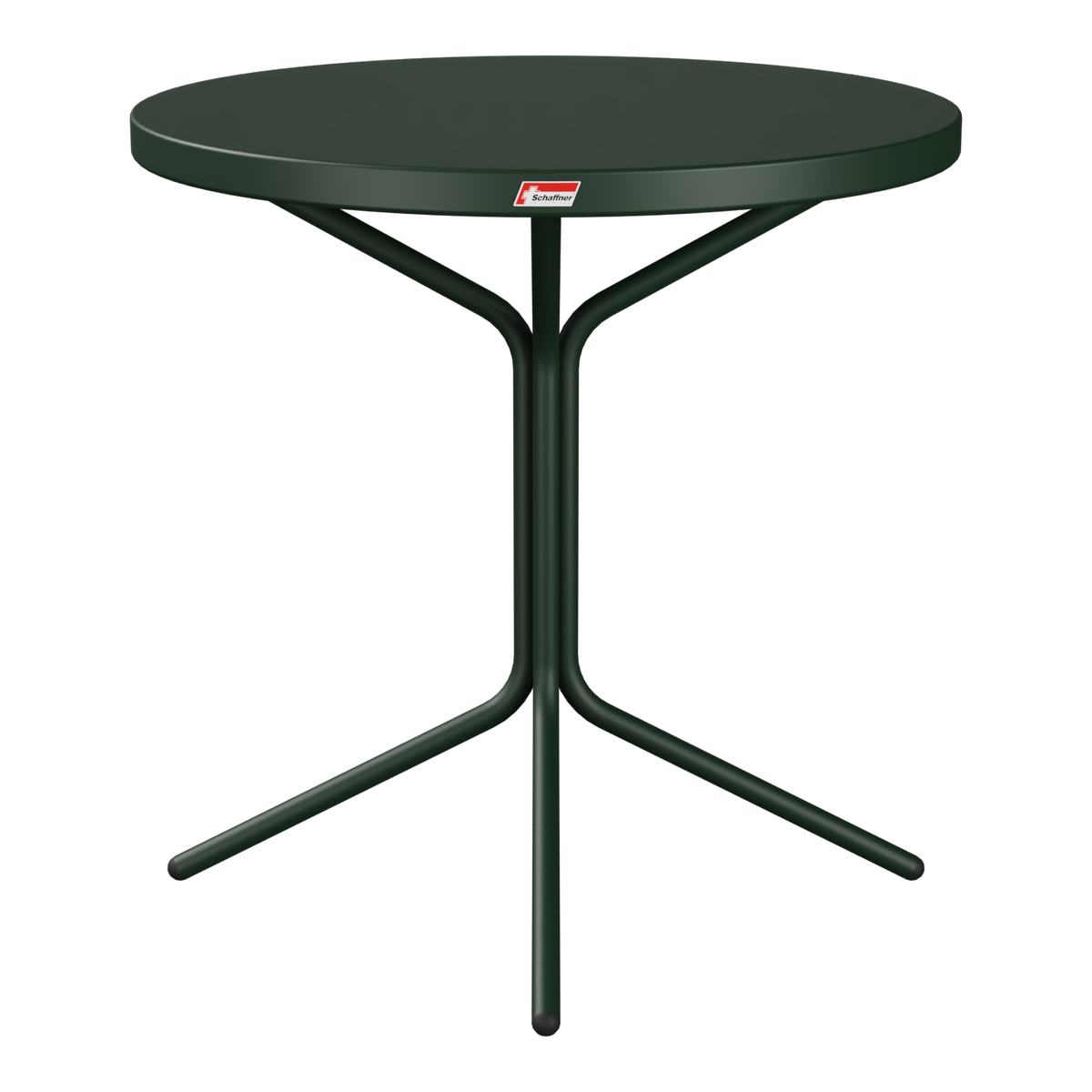 Grüner Bistrotisch mit runder Tischplatte und dreibeinigem Gestell aus Metall