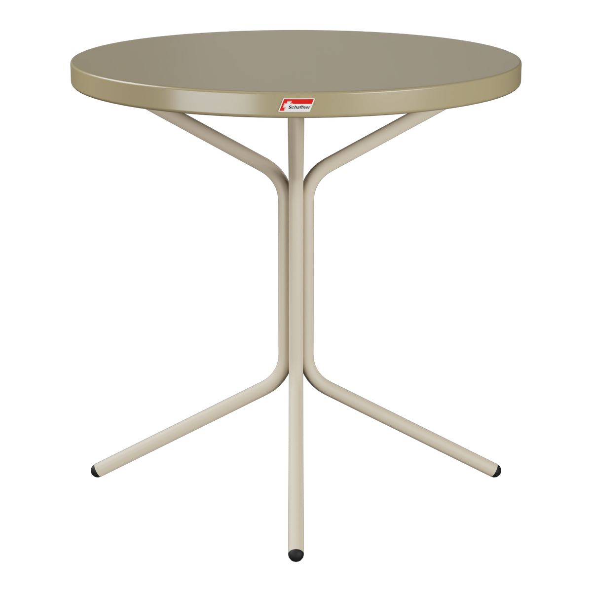 Runder Bistrotisch beige mit Metallgestell, moderner Klapptisch für Balkon und Garten, kompakt.