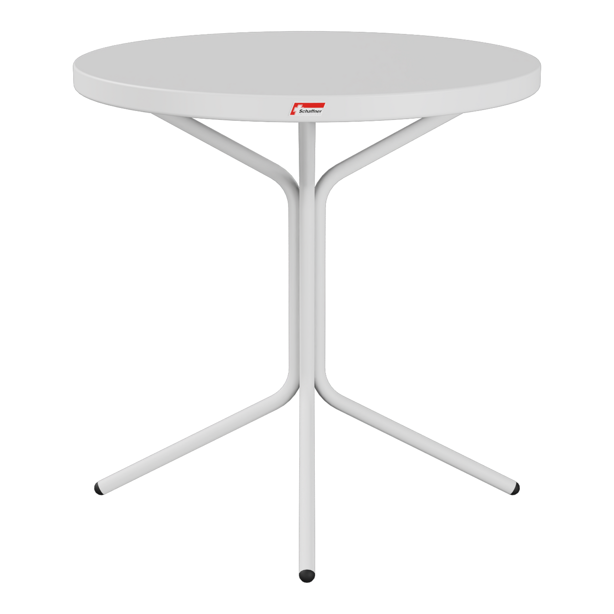 Weißer Bistro-Stehtisch mit rundem Tablett und Dreibein-Gestell, modernes Design für Innen- und Außenbereich.