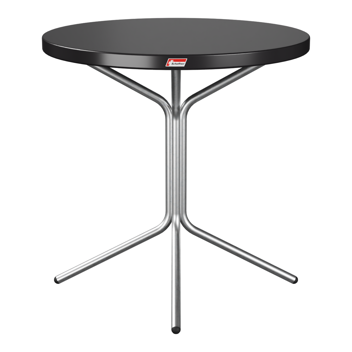 Bistrotisch rund, schwarze Tischplatte, Metallgestell, modernes Design für Innen- und Außenbereich.
