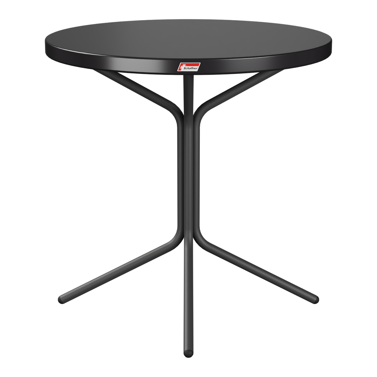 Schwarzer runder Bistrotisch mit Dreibein-Gestell aus Metall, modernes Design für Innen- und Außenbereich.