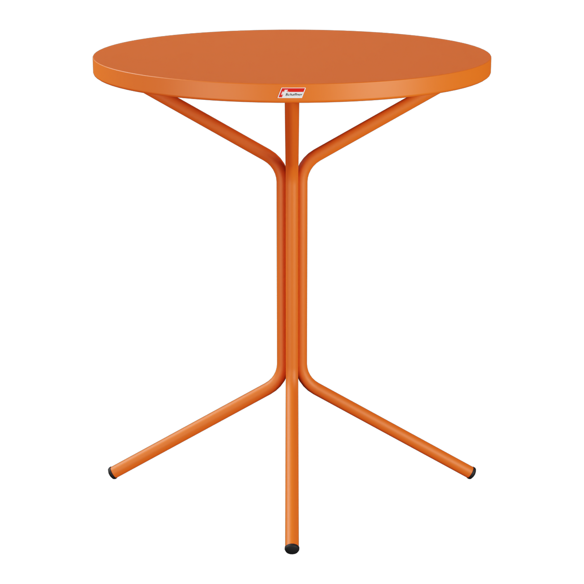 Orangener Bistrotisch mit runder Tischplatte und dreibeinigem Metallgestell, modernes Design.