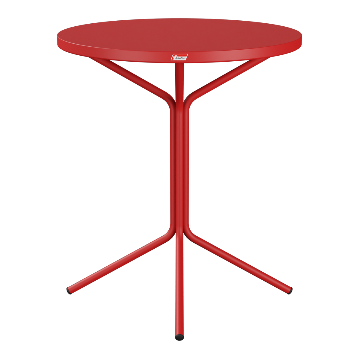 Roter Bistro-Stehtisch mit runder Tischplatte und Dreibein-Gestell, modernes Design für Innen- und Außenbereich