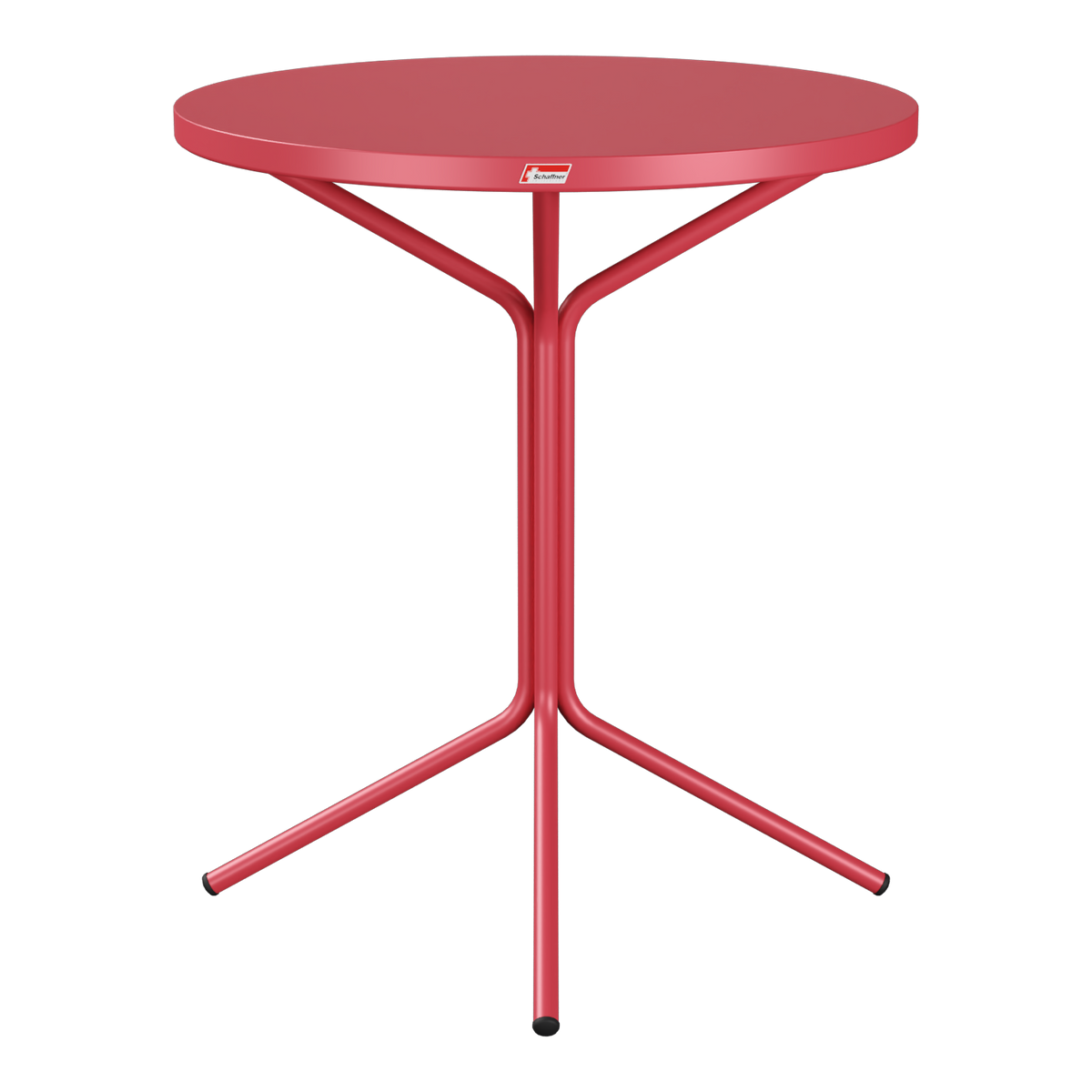 Roter Bistrotisch mit runder Platte und Dreibein-Gestell, modernes Design für Innen- und Außenbereich.