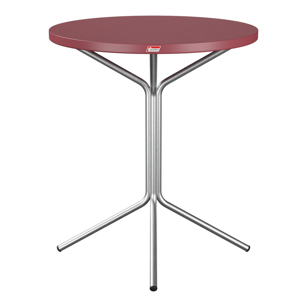 Stehtisch mit bordeauxroter Tischplatte und silbernem Metallgestell, modernes Design für Balkon und Garten.