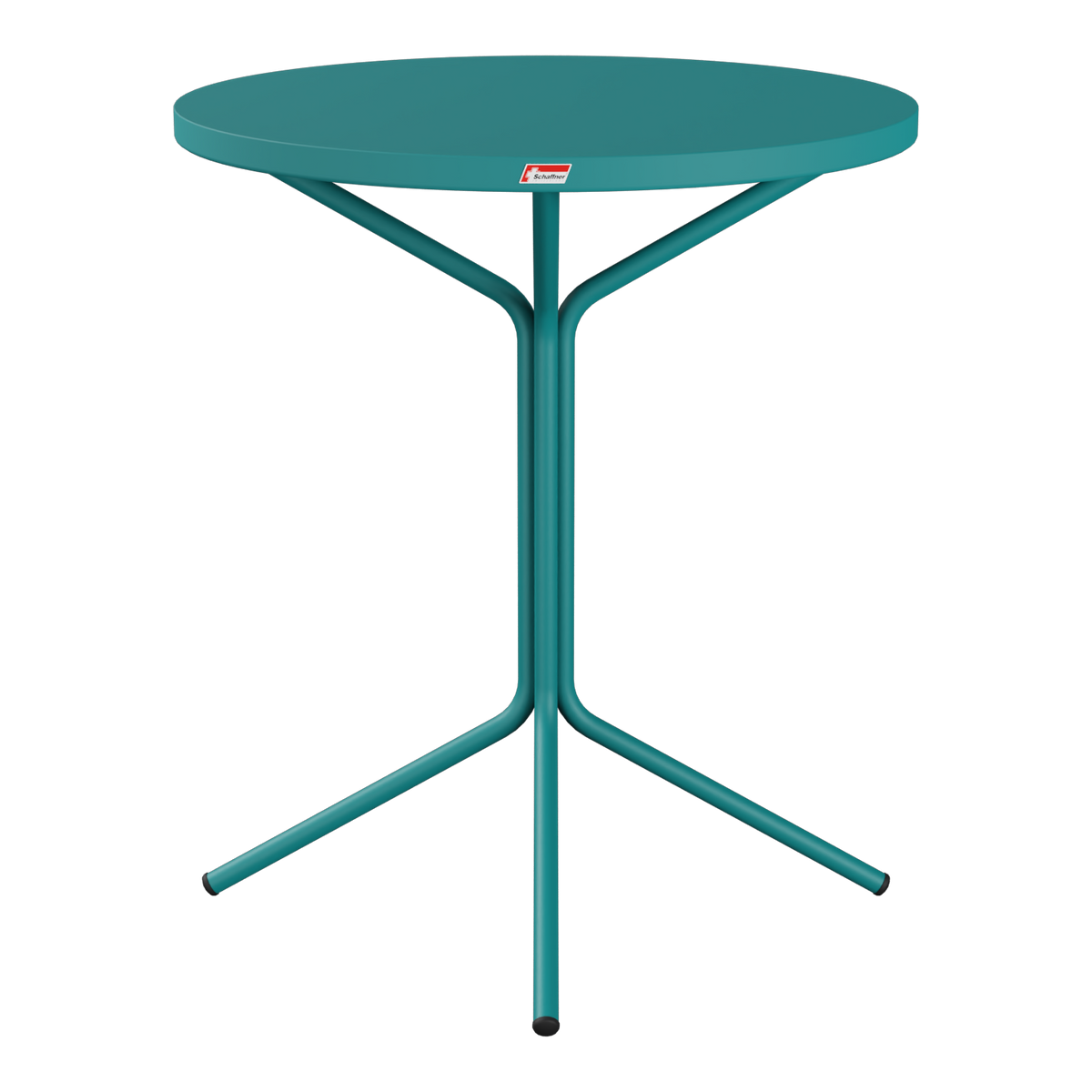 Grüner Bistrotisch mit runder Tischplatte und Dreibein-Gestell aus Metall.