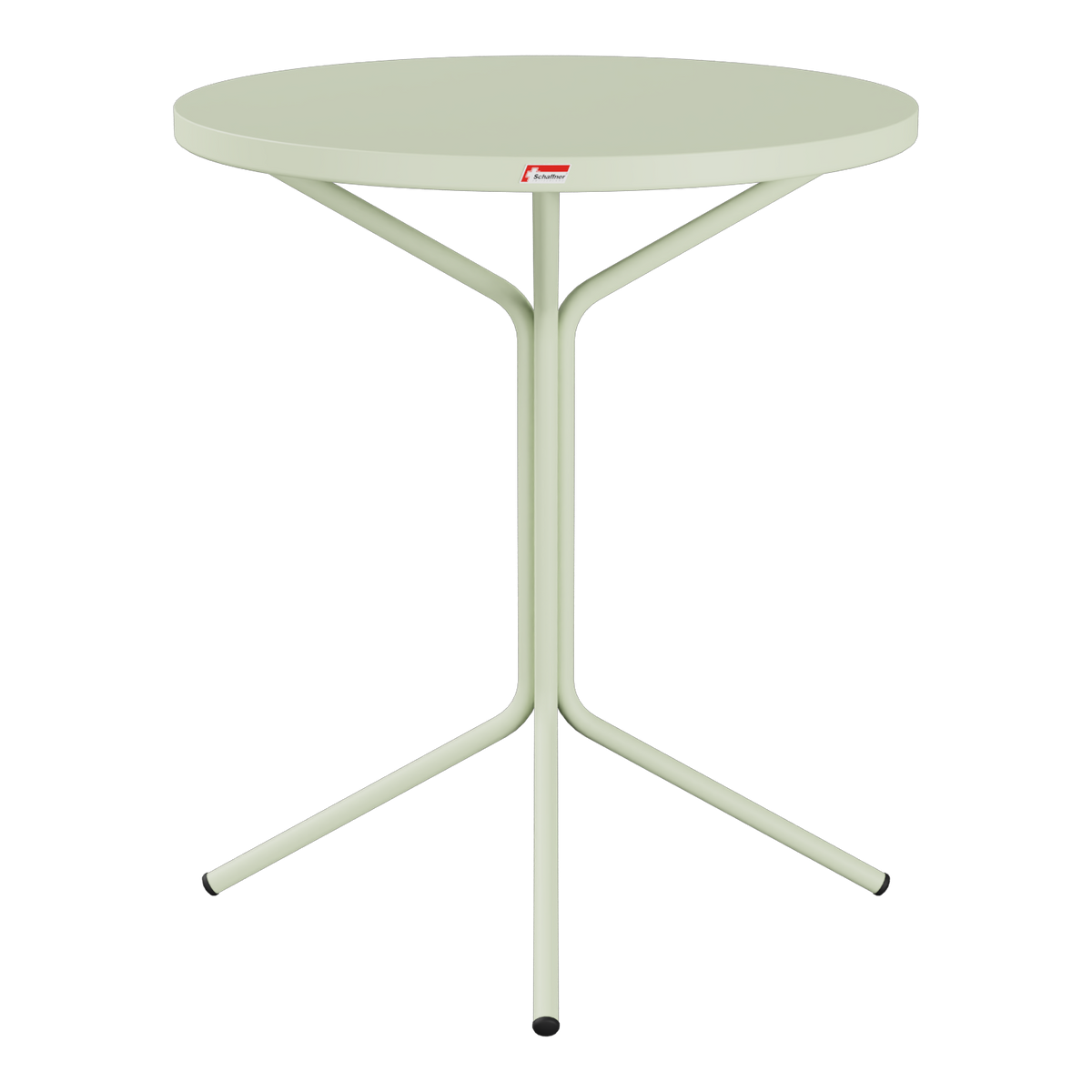 Runder Bistro-Tisch mit Metallgestell in Hellgrün, modernes Design für Innen- und Außenbereich.