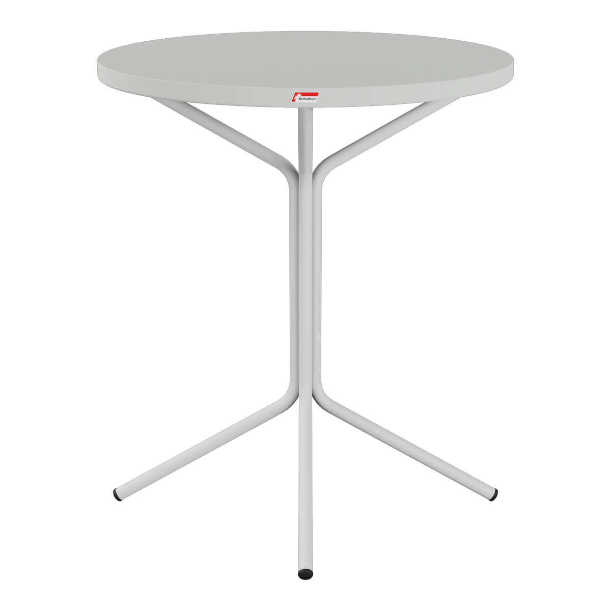 Moderner Bistro-Stehtisch mit runder Tischplatte und dreibeinigem Metallgestell in Weiß