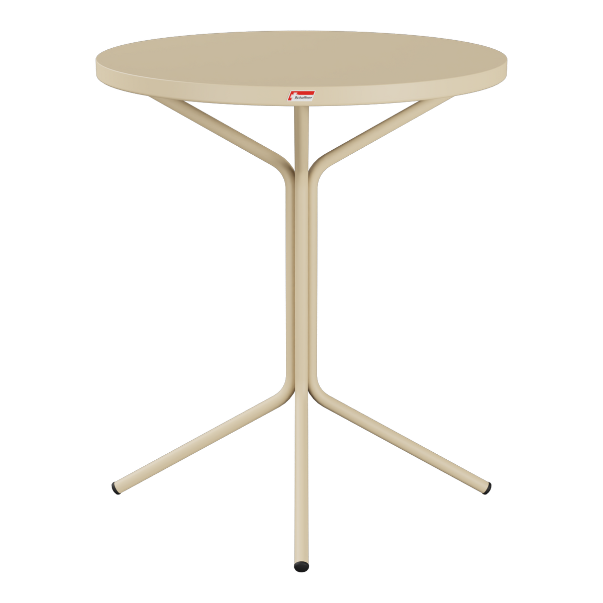 Eleganter runder Bistro-Tisch mit Dreibein-Gestell in Beige, modernes Design für Wohn- und Außenbereiche.