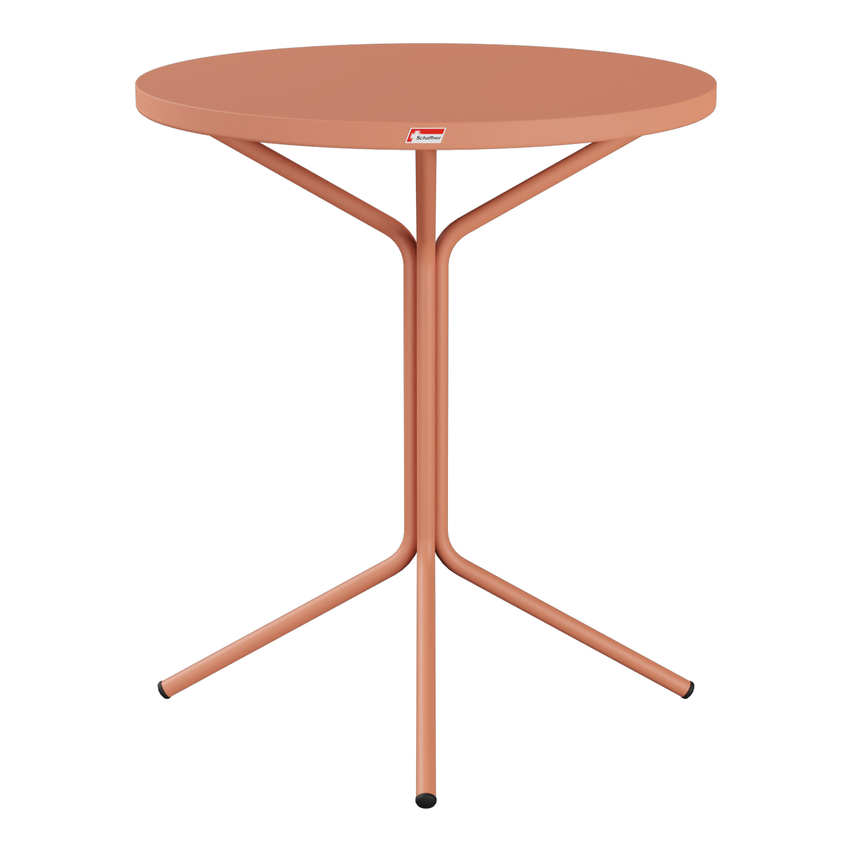 Moderner Bistro-Stehtisch mit runder Tischplatte und Dreibein-Gestell in Terrakotta-Farbe.