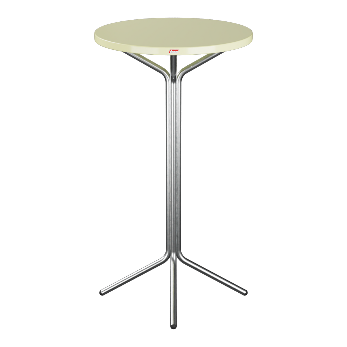 Stehtisch mit runder Tischplatte in Creme und verchromtem Metallgestell, modernes Design für Büro und Lounge.