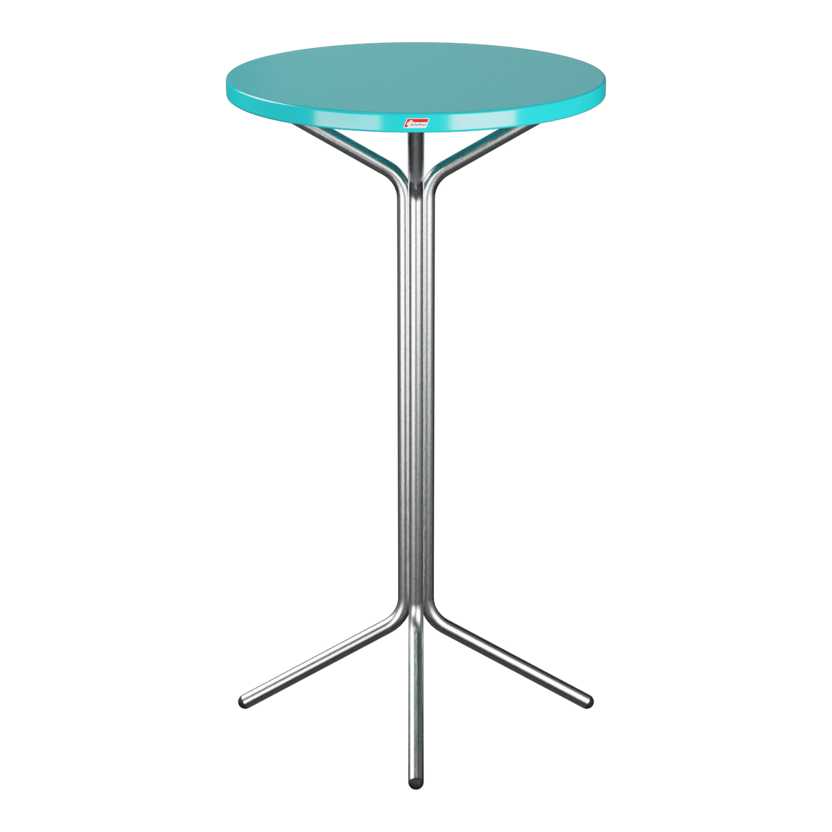 Stehtisch mit türkiser Platte und verchromtem Metallgestell, modernes Design für Büro und Lounge.