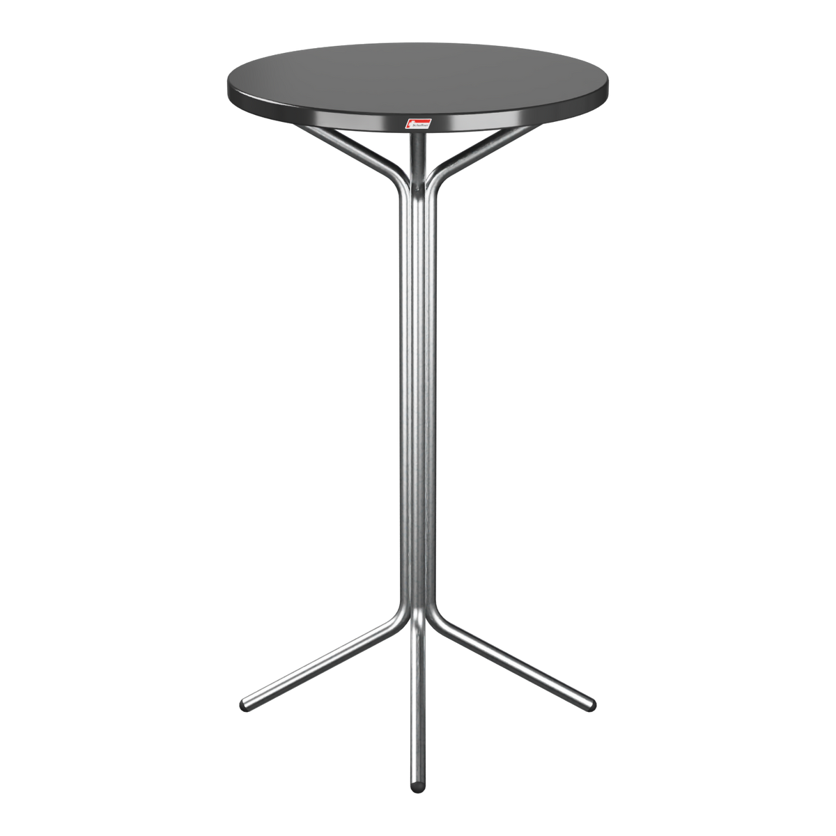 Stehtisch mit schwarzer Tischplatte und Metallgestell, modernes Design für Büro und Gastronomie.