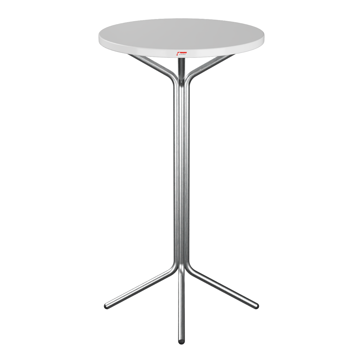 Stehtisch mit grauer Tischplatte und silbernem Metallgestell - modernes Design für Büro und Lounge.