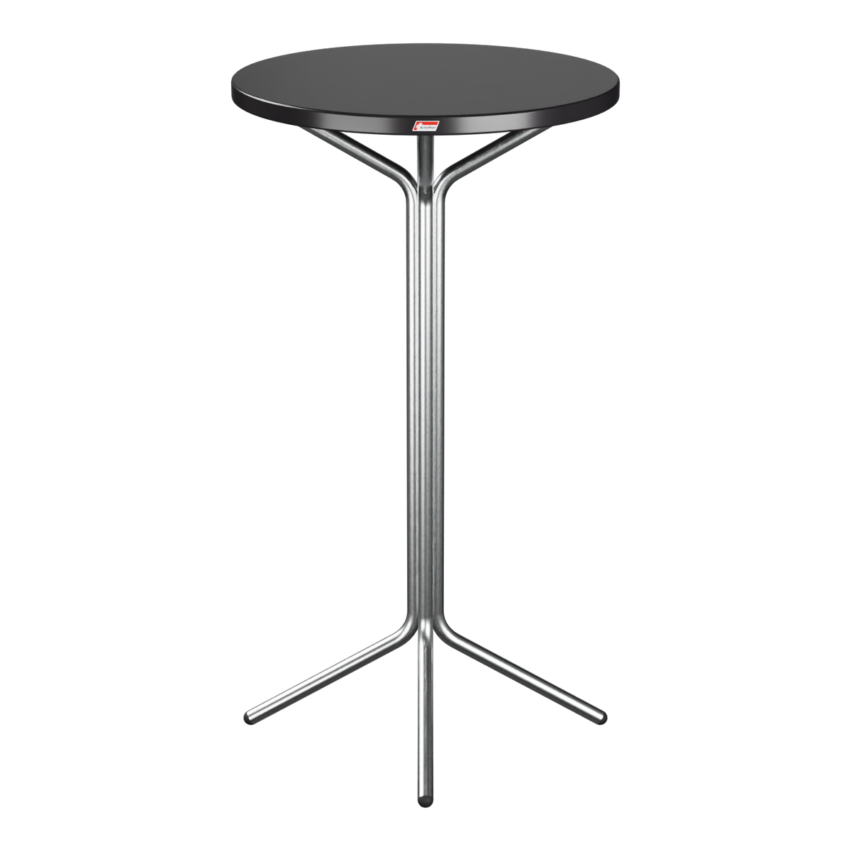 Stehtisch mit schwarzer Tischplatte und verchromtem Metallgestell, modernes Design für Büro und Lounge.