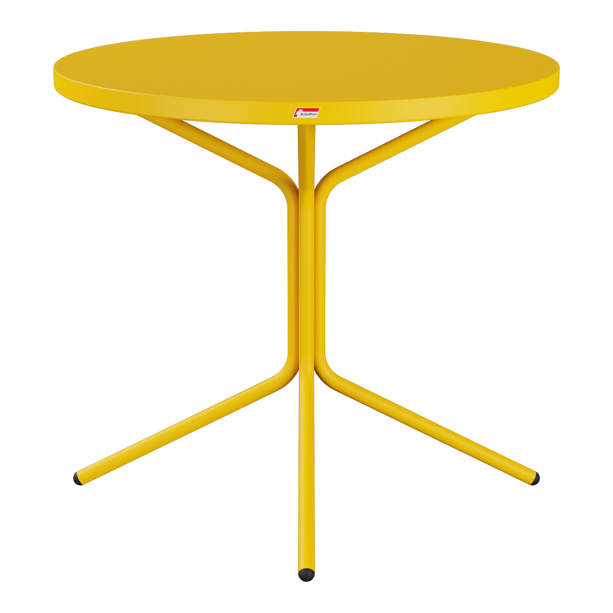 Gelber Bistro-Tisch mit runder Tischplatte und drei Beinen - modernes Design für Innen- und Außenbereich.