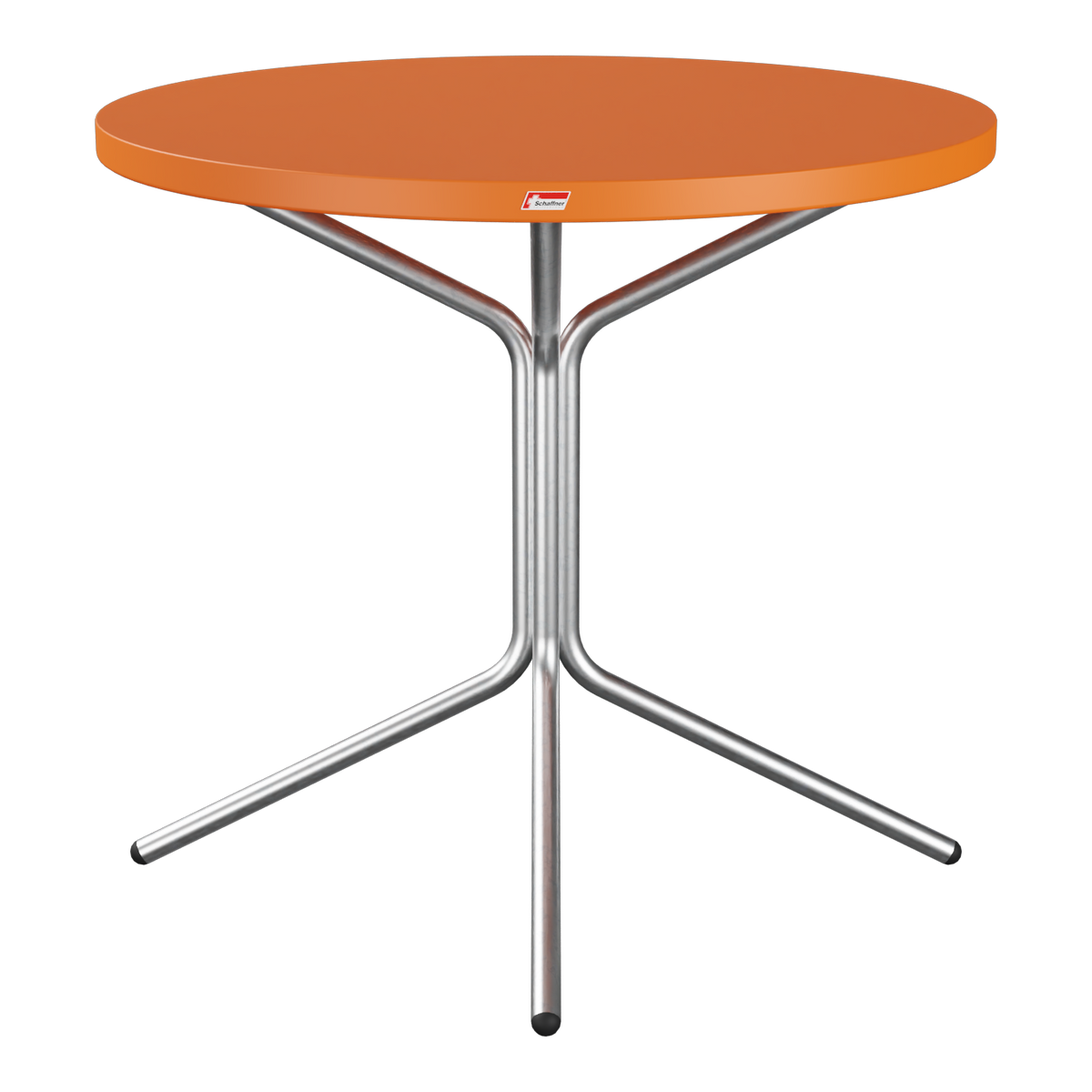 Bistrotisch mit orangeroter Tischplatte und Metalldreibeingestell, modernes Design für Innen- und Außenbereich.