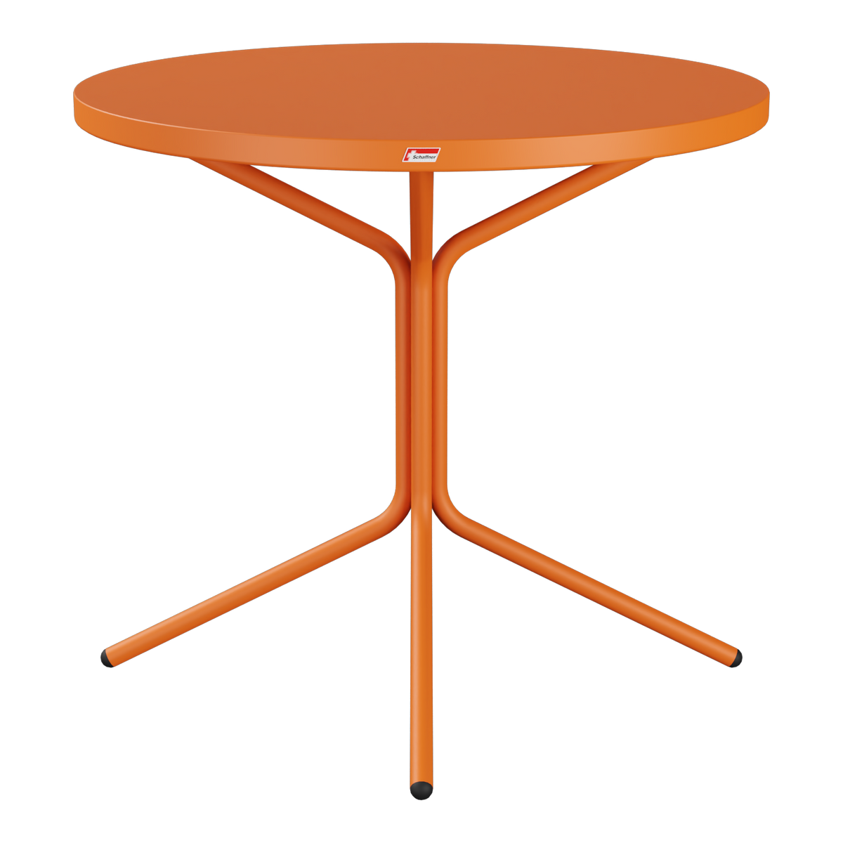 Oranges Bistro-Stehtischchen mit runder Tischplatte und dreibeiniger Metallgestell-Konstruktion.