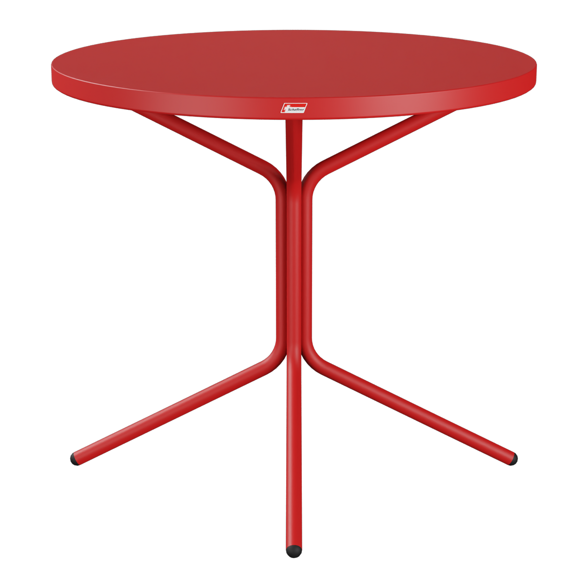 Roter runder Bistrotisch mit Dreibein-Gestell, modernes Designermöbel für Balkon und Garten.