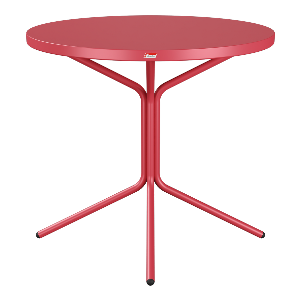 Roter Bistro-Tisch mit runder Tischplatte und dreibeinigem Metallgestell für Balkon und Garten.