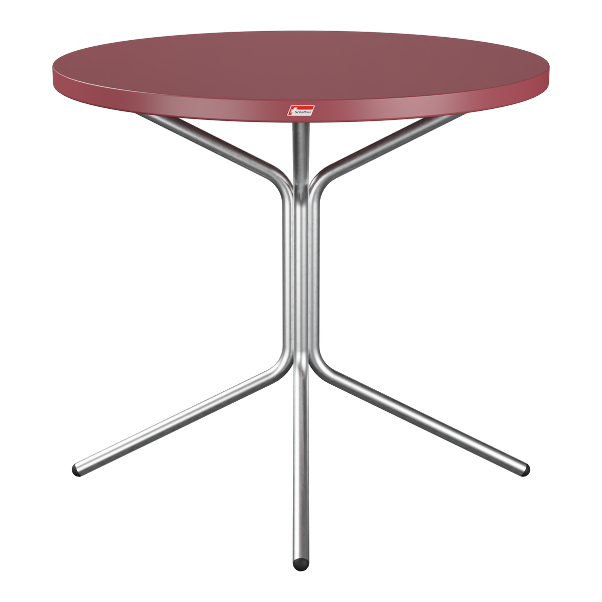 Runder Bistrotisch mit burgunderrotem Tablett und Metallgestell in Silber, modernes Designmöbel
