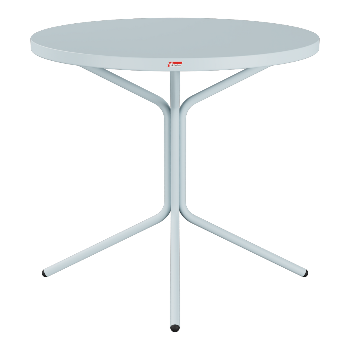 Runder Bistro-Tisch mit grauer Tischplatte und dreibeinigem Metallgestell für Innen- und Außenbereich.