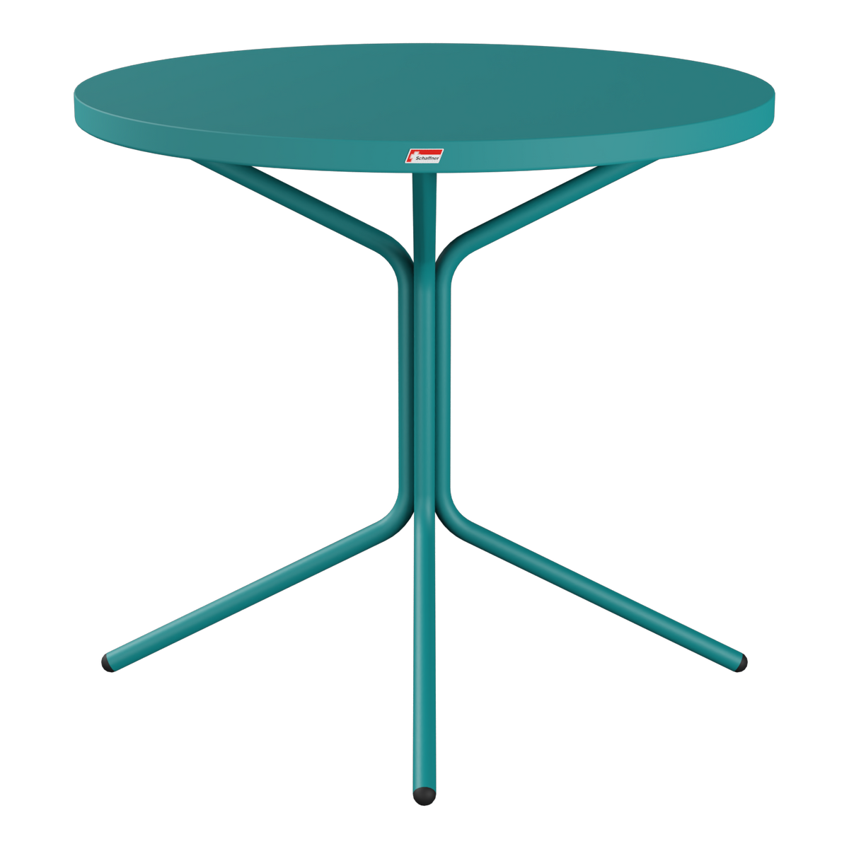 Runder Gartentisch aus Metall in Teal mit drei Beinen, modernes Design für Balkon und Terrasse