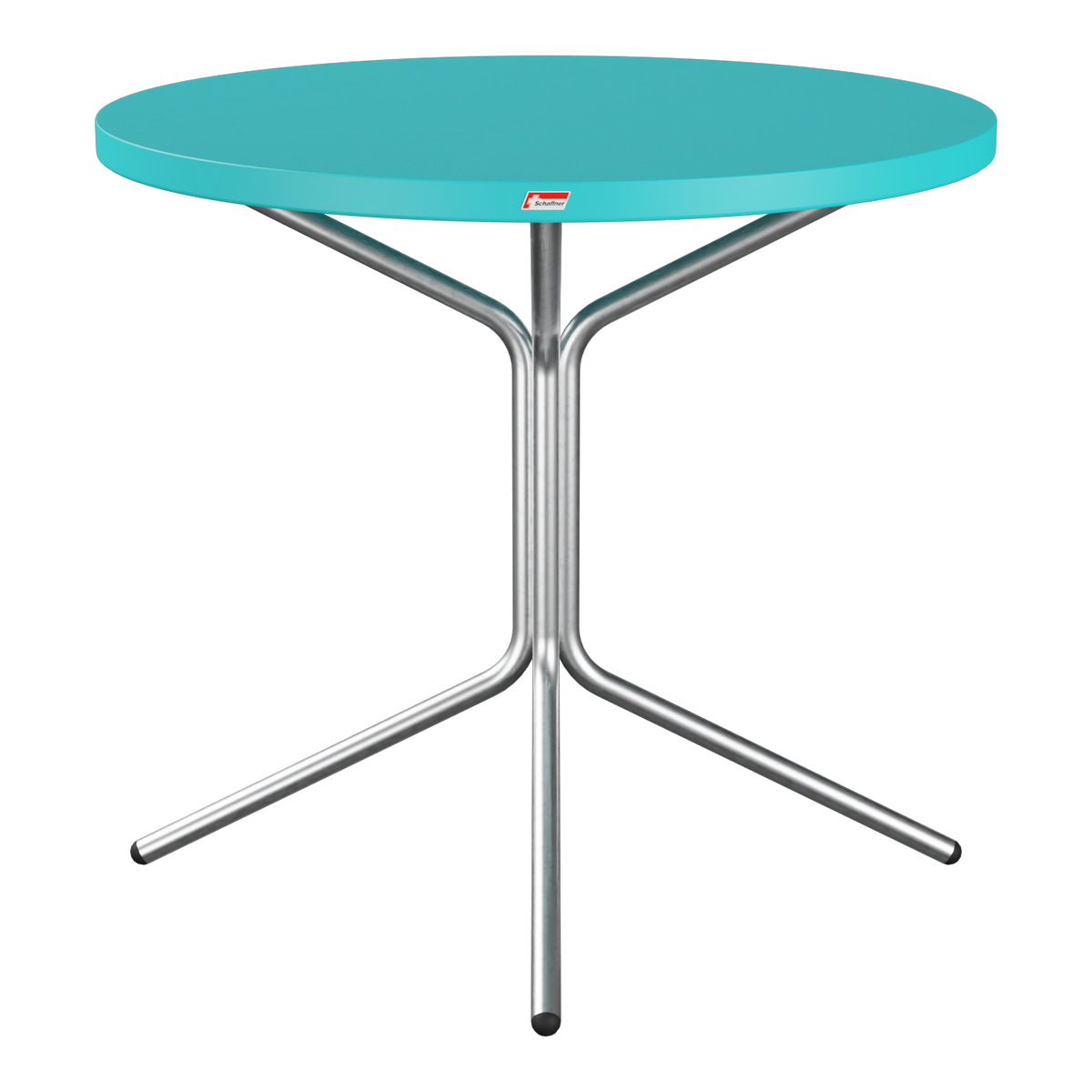 Bistrotisch mit türkiser Tischplatte und verchromtem Dreibein-Gestell, modernes Design für Innen- und Außenbereich