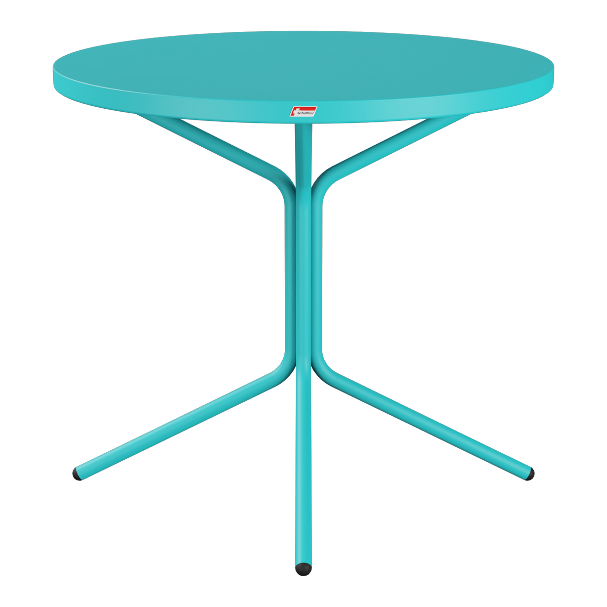 Türkiser Bistrotisch mit runder Tischplatte und dreibeinigem Metallgestell, Stehtisch Design