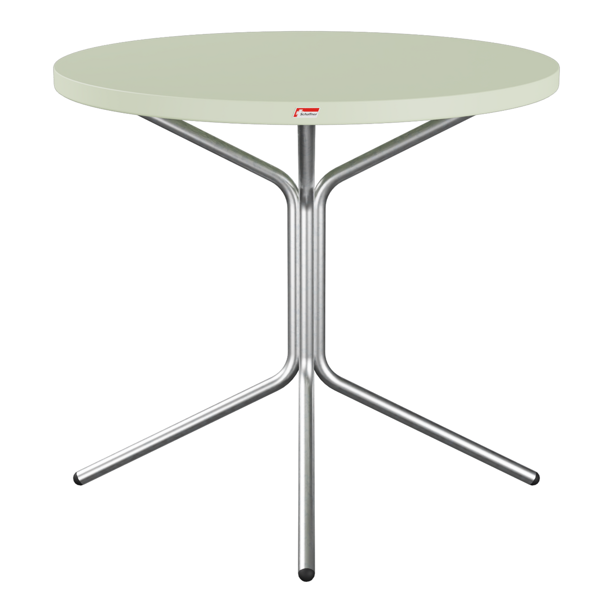 Runder Bistrotisch mit grauer Tischplatte und Metallfuß, modernes Design für Balkon und Garten.