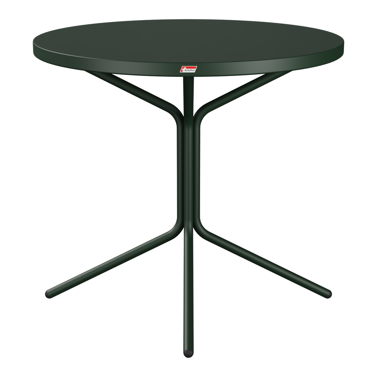 Grüner runder Bistrotisch mit Dreibein-Gestell aus Metall, modernes Design für Balkon und Garten.