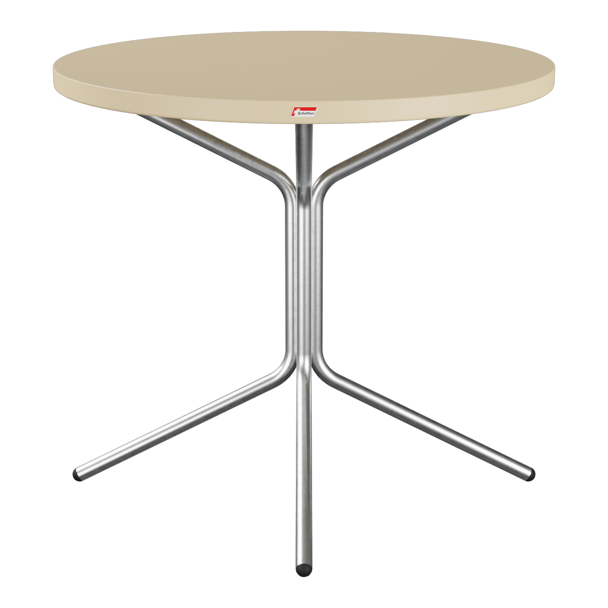 Bistrotisch rund mit Metallgestell, beige Tischplatte, modernes Design für Innen- und Außenbereich.