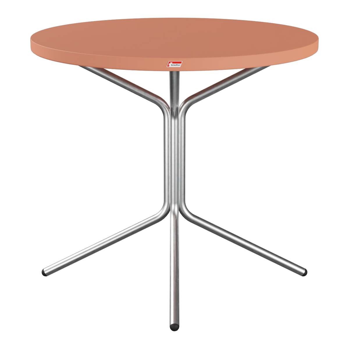 Bistrotisch mit runder Platte und Dreibein-Gestell aus Metall, terrakotta