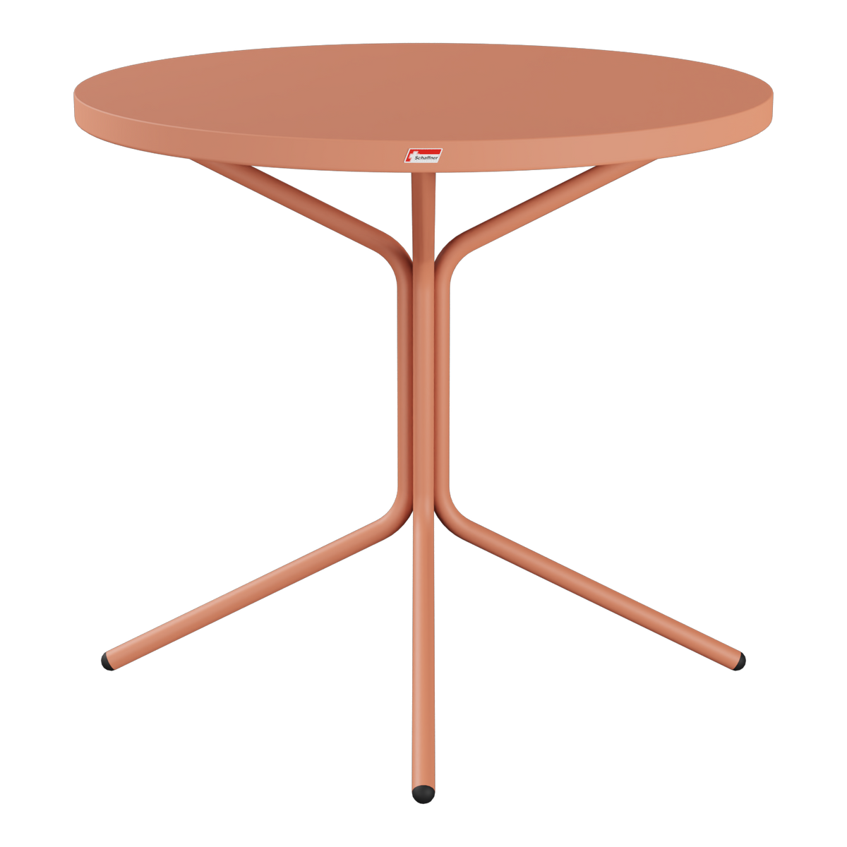 Runder Bistrotisch aus Metall in Terracotta mit drei Beinen und stabilem Dreibein-Gestell.