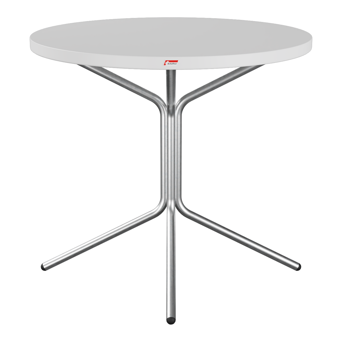 Moderner Bistrotisch mit runder weißer Tischplatte und verchromtem Metallgestell, klappbar.