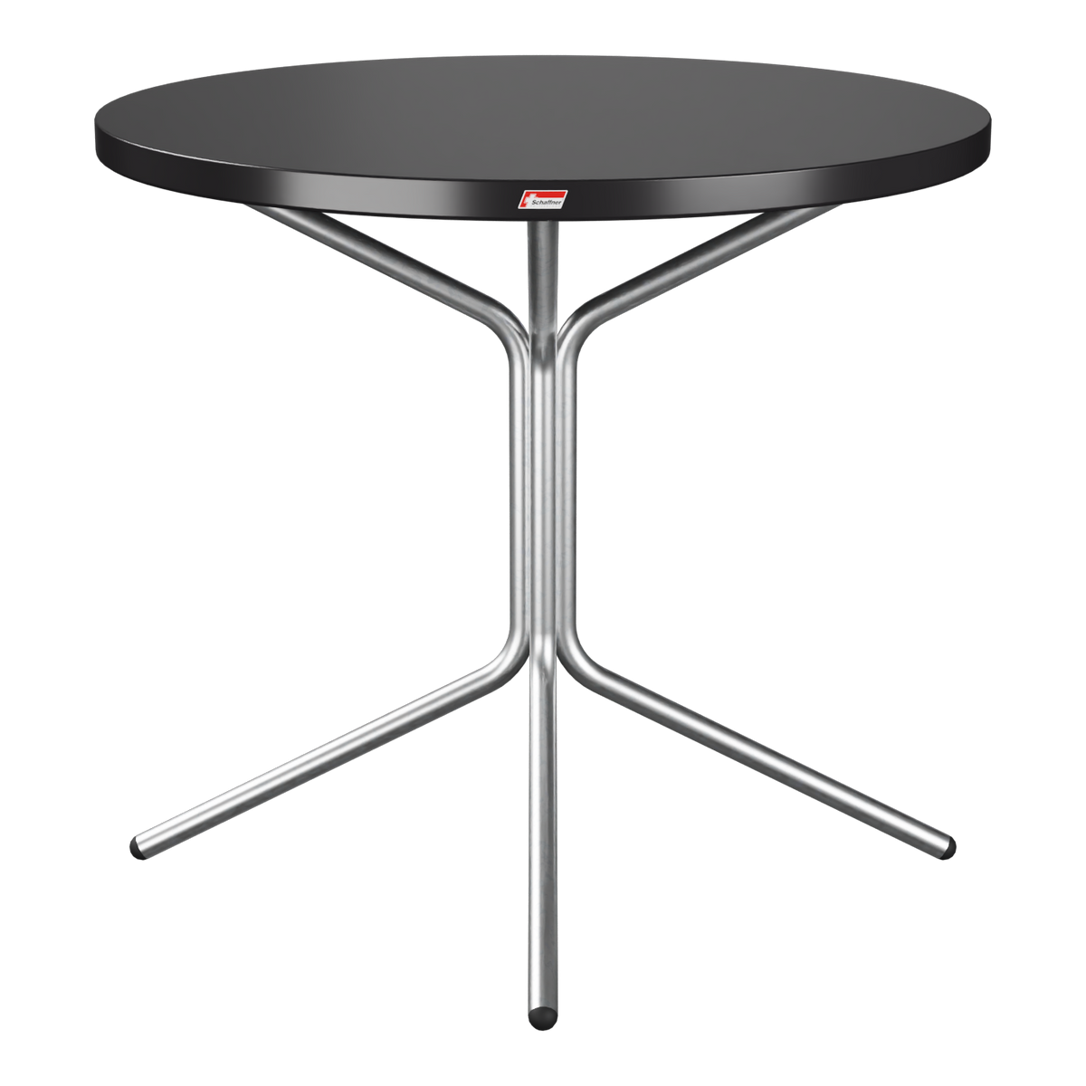 Bistrotisch rund mit schwarzer Tischplatte und Dreibein-Gestell aus Metall, modernes Design