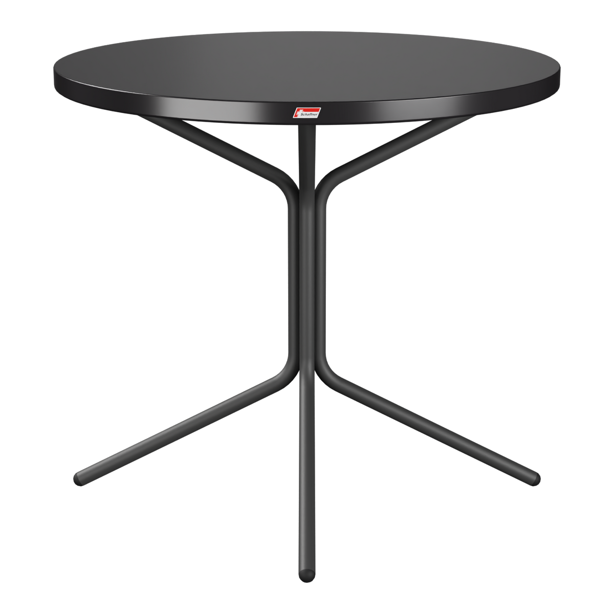 Schwarzer Bistro-Tisch mit runder Platte und dreibeinigem Metallgestell, modernes Design für Innen- und Außenbereich.
