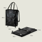 Schwarze faltbare Reisetasche mit Rollen und Griffen, 56x36x23cm, zusammenklappbar für kompakte Lagerung.