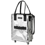 Hulken Einkaufswagen transparent mit schwarzen Henkeln und Rollen, modernes Design für Möbeltransport.