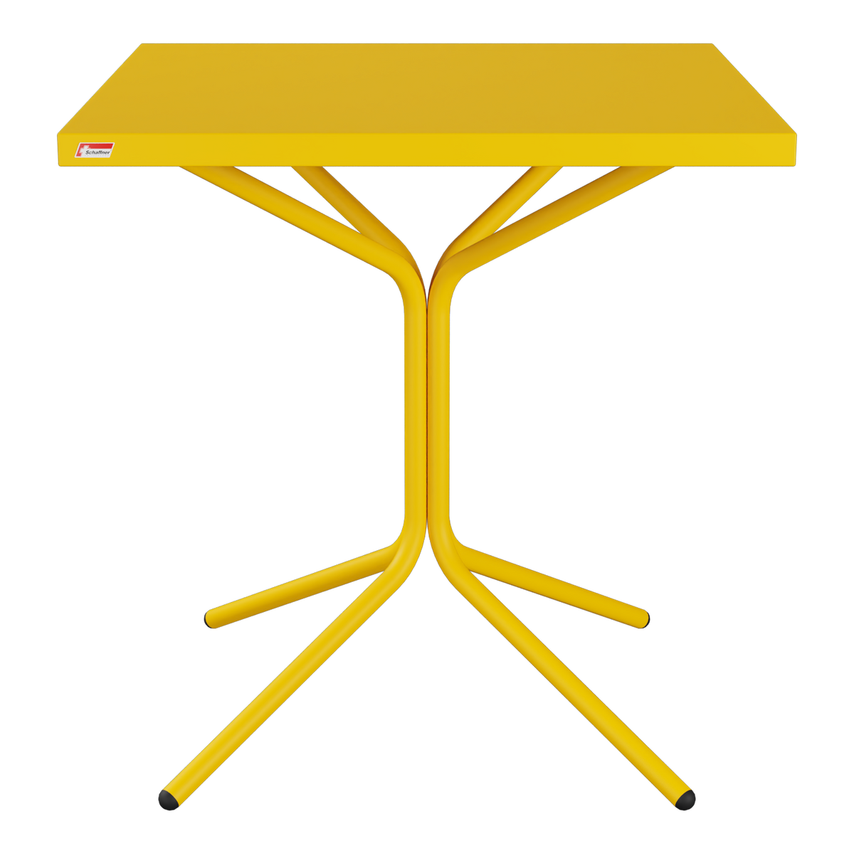 Gelber Gartentisch mit Metallgestell und rechteckiger Tischplatte, modernes Design, zusammenklappbar.