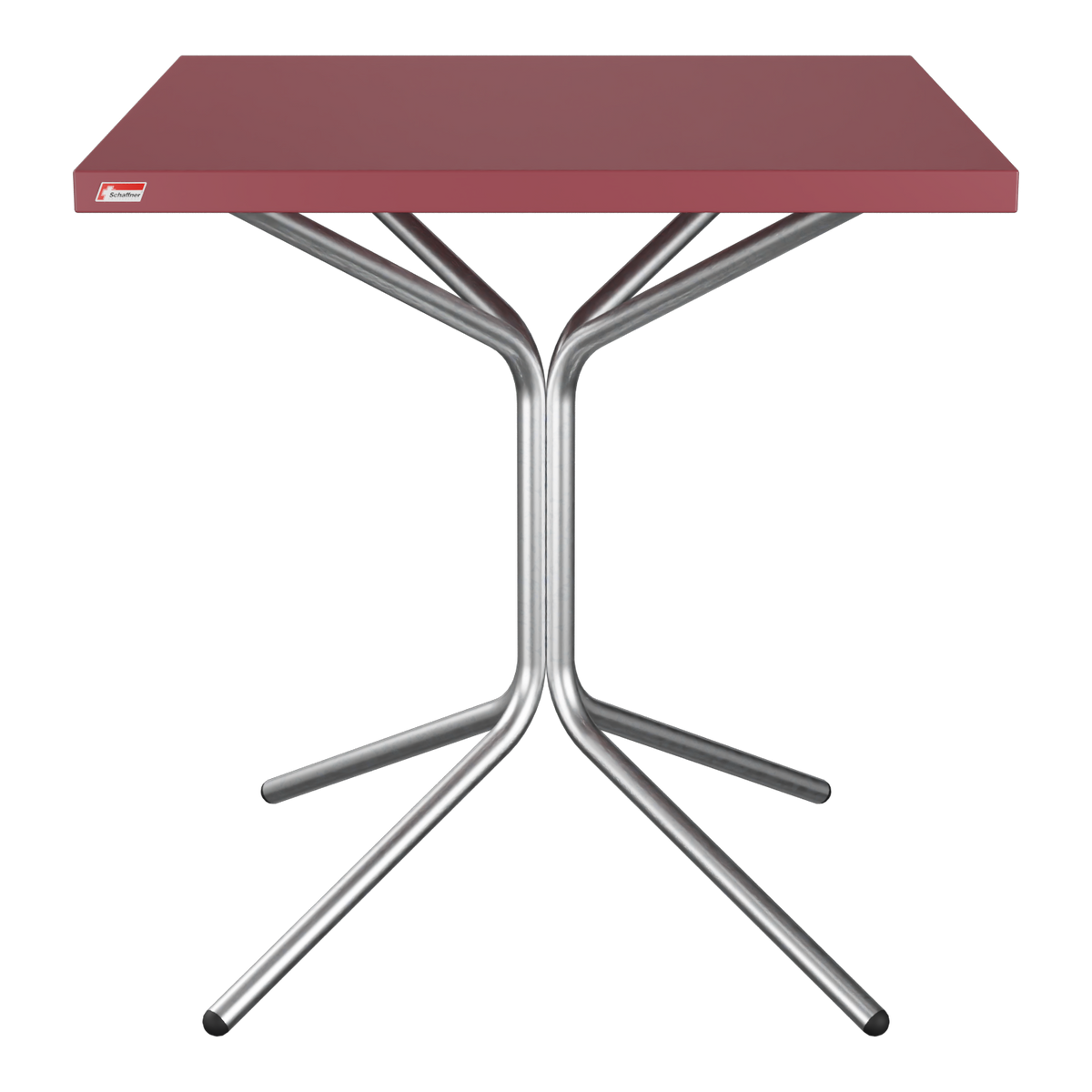 Tragbarer Campingtisch mit burgunderroter Tischplatte und stabilem Metallgestell, zusammenklappbar.