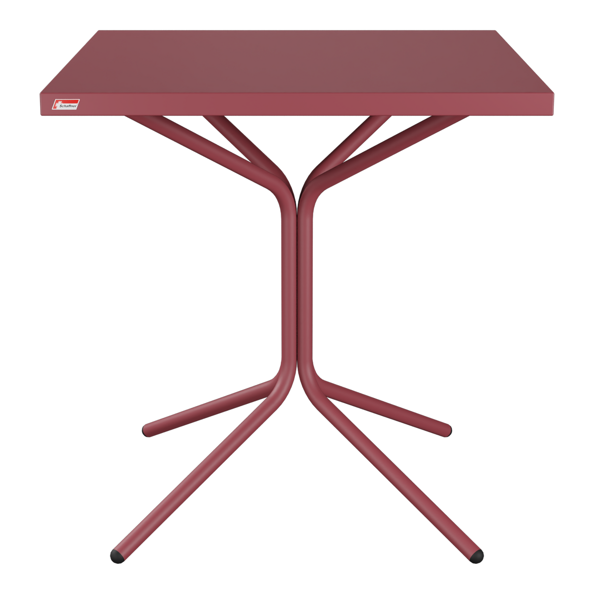 Campingtisch mit weinroter Metallplatte und klappbarem Gestell, ideal für Outdoor und Picknick.