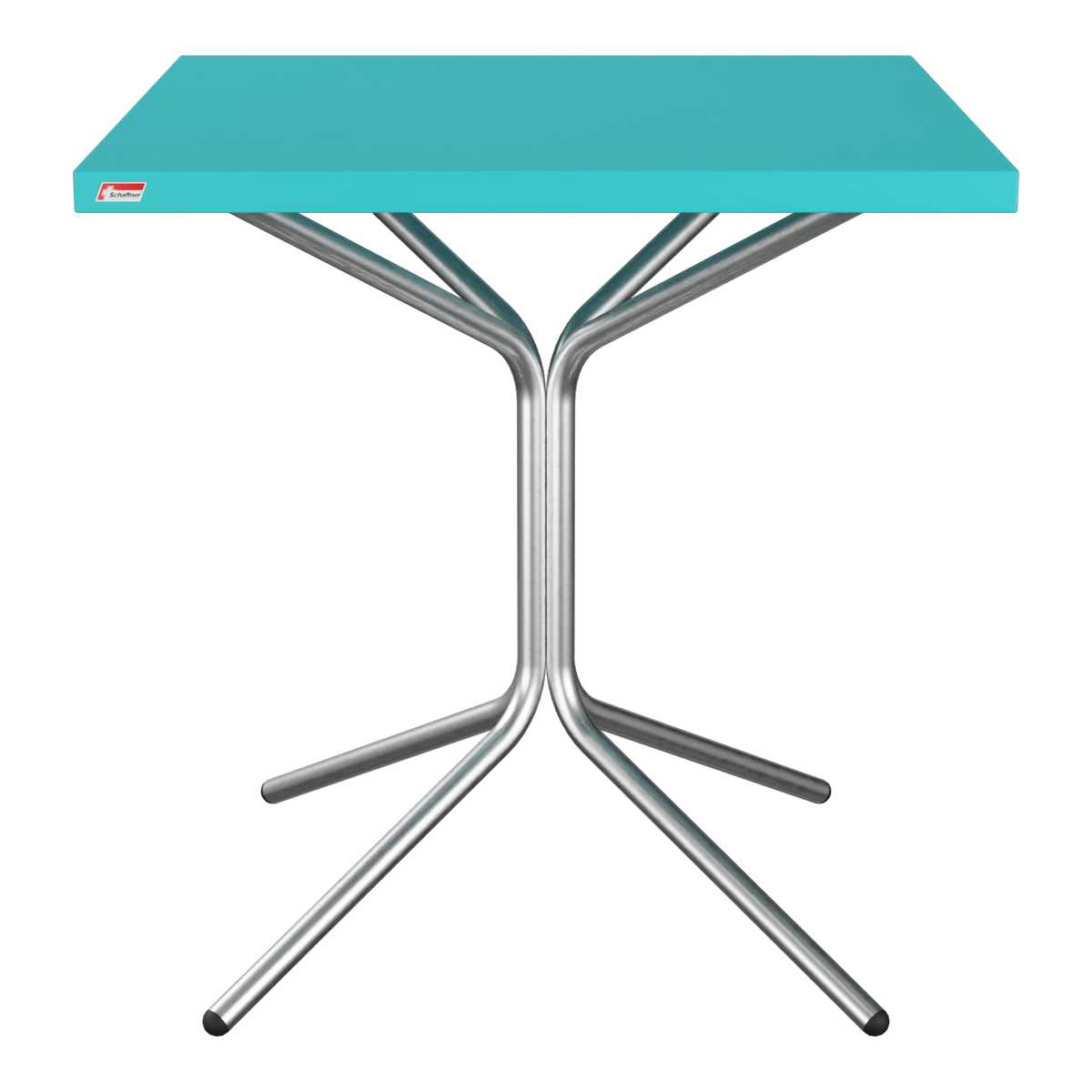 Klappbarer Campingtisch mit türkiser Tischplatte und grauem Metallgestell - praktisches Outdoor-Möbel