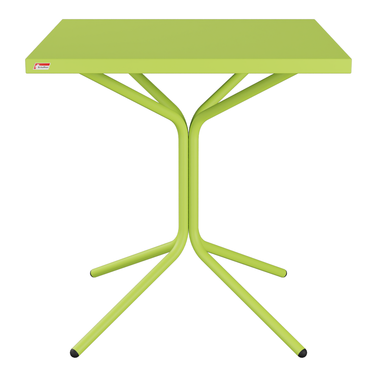 Grüner Klapptisch mit Metallgestell und trapezförmiger Tischplatte, modernes Design für Balkon und Garten.